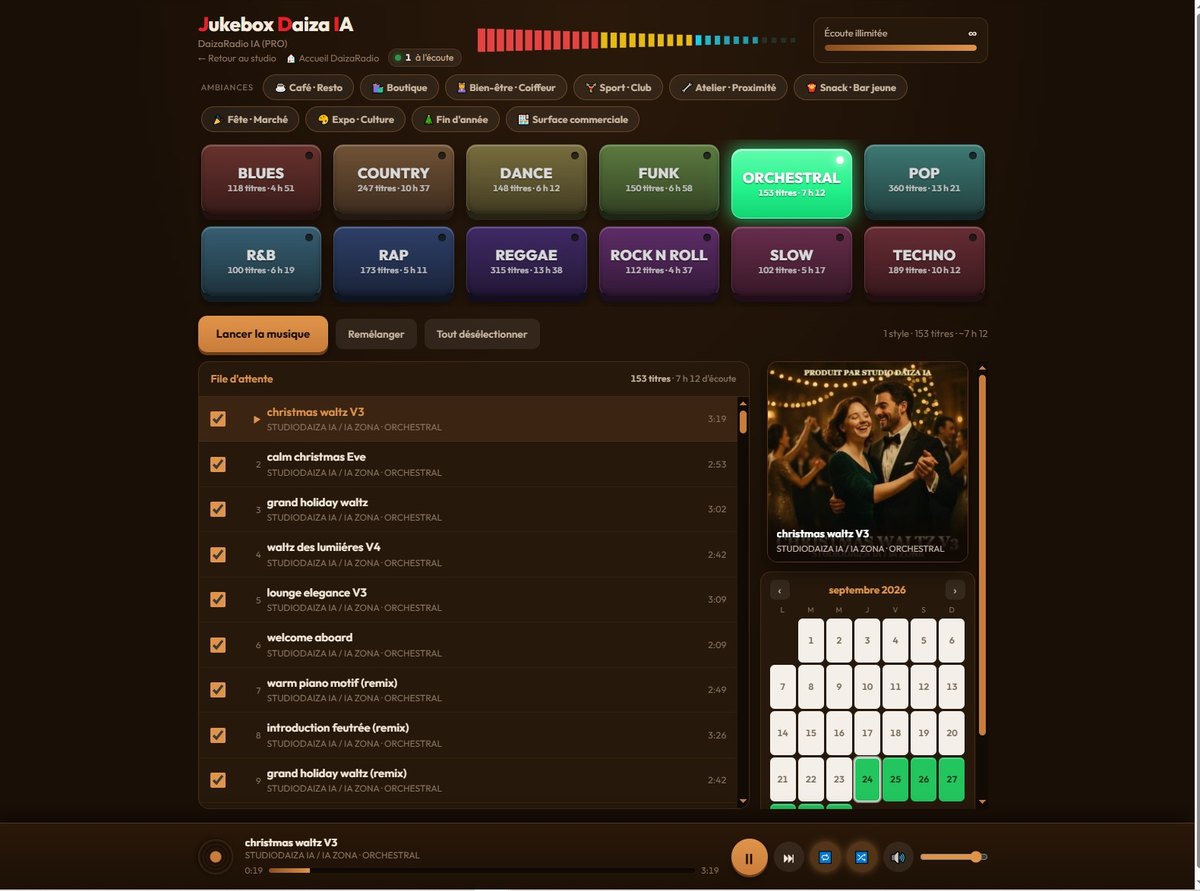 Le Jukebox Daiza IA : ambiances, touches de styles, file de titres, pochette et calendrier