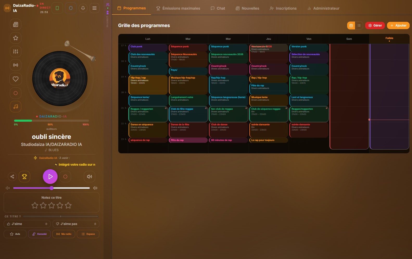 Lecteur web DaizaRadio — écoute en direct et grille des programmes